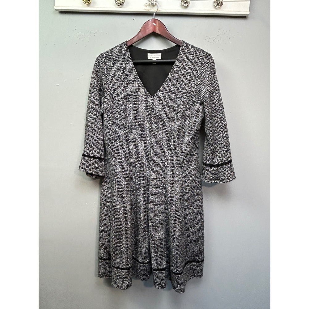 Signature by Robbie Bee Womens Black White Tweed Fit Flare‎ Dress 3/4 Sleeve M